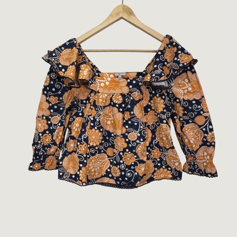 The Odells Floral‎ Ruffle Blouse XS Orange Navy Boho Cottagecore Square Neck Top